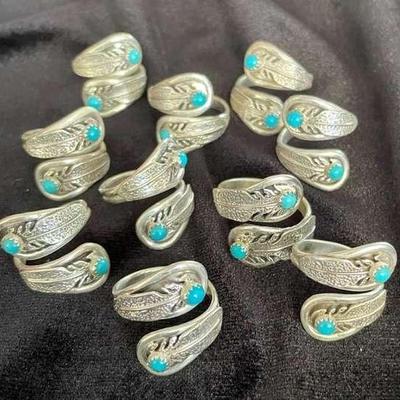 NSJ146 - Ten Navajo Sterling Silver Feather Wrap Ring With Turquoise Sz 6.75-9