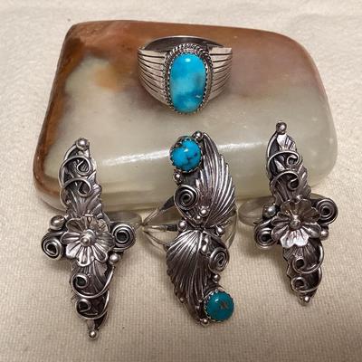 NSJ082 Four Navajo Sterling Silver & Turquoise Rings Size 10