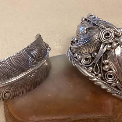 NSJ498 Two Navajo Sterling Silver Feather Cuff Bracelets New