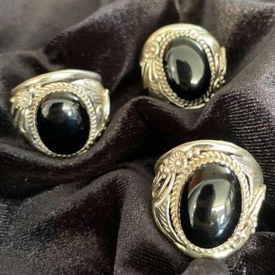 NSJ117 - Three Men’s Black Onyx Navajo Sterling Silver Rings Sz 10-11