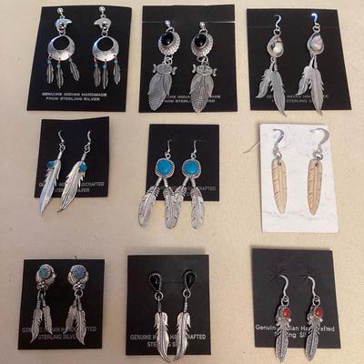 NSJ392 Nine Pairs Of Navajo Sterling Turquoise, Coral, Onyx, Bone & Opal Earrings New