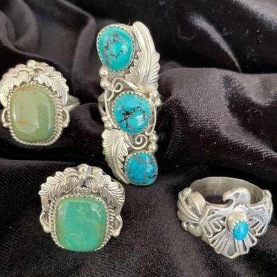 NSJ275 - Four Navajo Sterling Silver Rings With Turquoise Sz 8.5-9