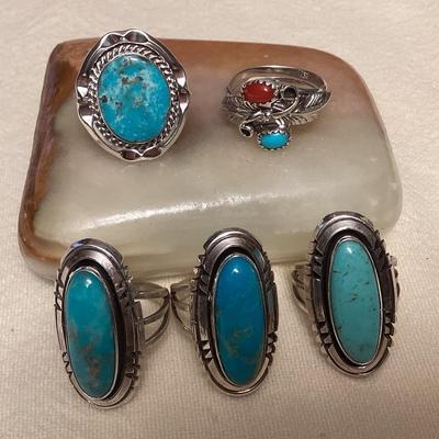 NSJ106 Five Navajo Sterling Silver Turquoise & Coral Rings Size 7