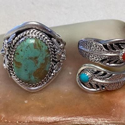 NSJ294 Two Navajo Sterling Silver Turquoise & Coral Rings Size 10.75 New