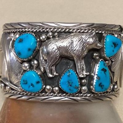 NSJ409 Large Navajo Sterling Silver & Turquoise Wolf Cuff Bracelet New
