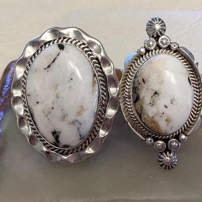 NSJ055 Two Navajo White Buffalo Turquoise Sterling Silver Rings Size 9