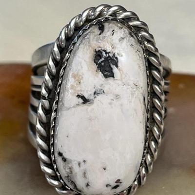 NSJ024 Navajo White Buffalo Turquoise Sterling Silver Ring Size 11