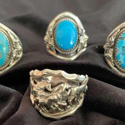 NSJ176 - Four Navajo Sterling Silver Wild Horse & Turquoise Rings Sz 9.5-10