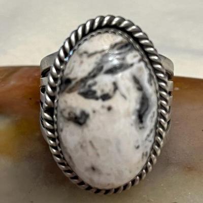 NSJ022 Navajo White Buffalo Turquoise Sterling Silver Ring Size 13.75