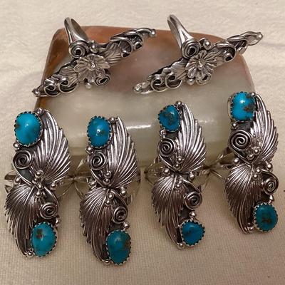NSJ077 Six Navajo Sterling Silver & Turquoise Rings Size 7.5