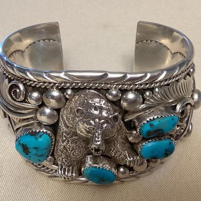 NSJ396 Large Navajo Sterling Silver & Turquoise Bear Cuff Bracelet New