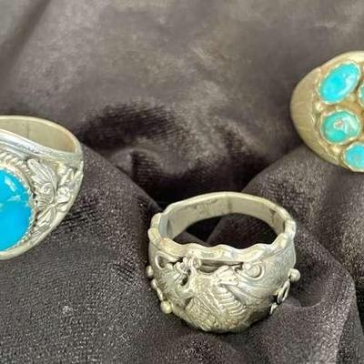 NSJ167 - Three Men’s Sterling Silver Eagle & Turquoise Rings Sz 11.75