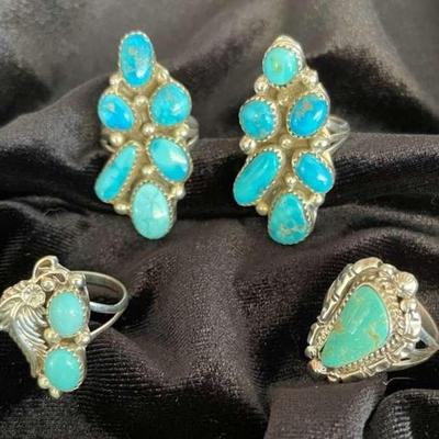 NSJ160 - Four Navajo Sterling Silver Turquoise Rings Sz 7.5-8