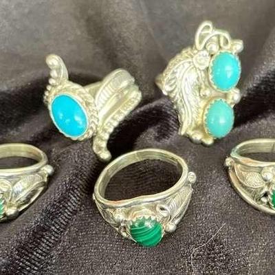 NSJ151 - Five Navajo Sterling Silver Rings With Turquoise & Malachite Stones Sz 6-6.25