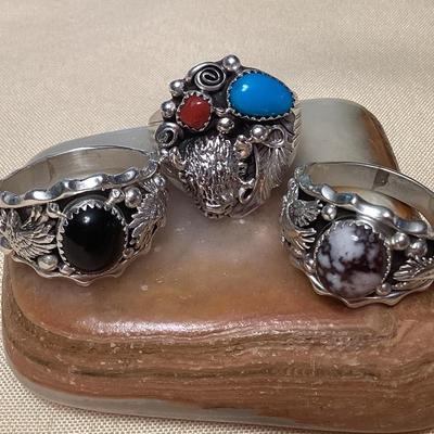 NSJ324 Three Navajo Sterling Wild Horse Turquoise, Onyx , Turquoise & Coral Rings Size 15 New