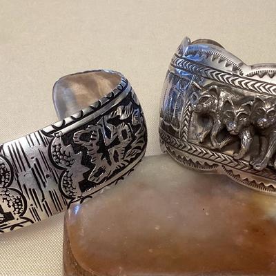NSJ490 Two Navajo Sterling Silver Wolf Cuff Bracelets New