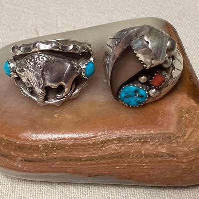 NSJ311 Two Navajo Sterling Silver Turquoise & Coral Rings Size 12.5 New