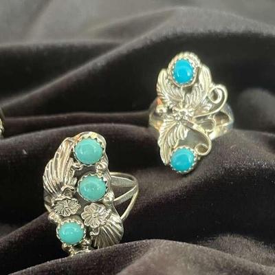NSJ129 - Four Navajo Sterling Silver Rings Sz 8 With Turquoise & Purple Spiny Oyster Stones