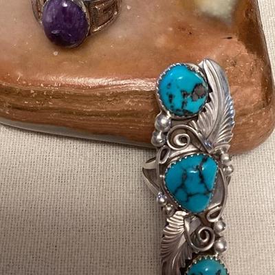 NSJ300 Two Navajo Sterling Silver Turquoise & Purple Stone Rings Size 7 New