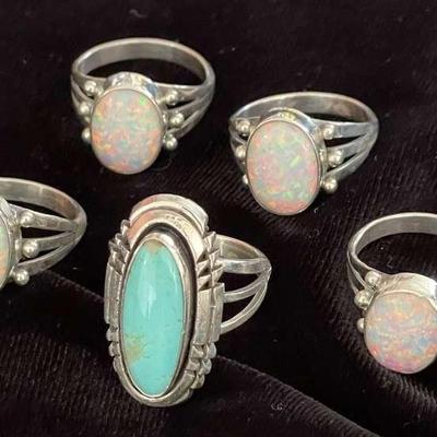 NSJ109 - Five Hand Crafted Sterling Silver Opal & Turquoise Rings Sz 9
