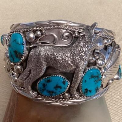 NSJ424 Large Navajo Sterling Silver & Turquoise Wolf Cuff Bracelet New