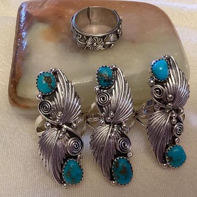 NSJ072 Four Navajo Sterling Silver & Turquoise Rings Size 6.5