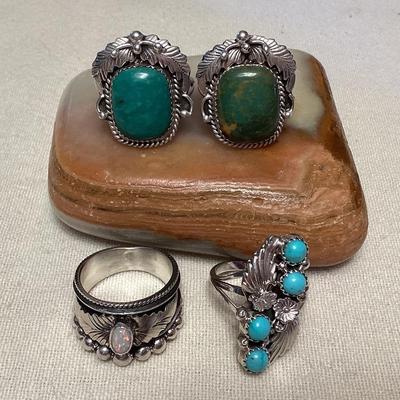 NSJ290 Four Navajo Sterling Silver Turquoise & Opal Rings Size 9.5 New