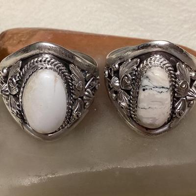 NSJ045 Two Navajo White Buffalo Turquoise Sterling Silver Rings Size 14