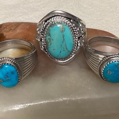 NSJ103 Three Navajo Sterling Silver & Turquoise Rings Size 11.5
