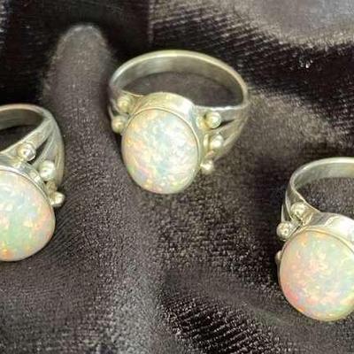 NSJ122 - Three Navajo Sterling Silver Opal Rings Sz 8