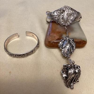 NSJ471 Two Navajo Sterling Silver Cuff With Attached Ring & Cuff Bracelet New