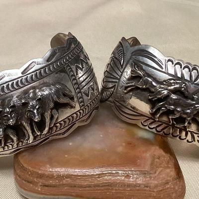 NSJ434 Two Large Navajo Sterling Silver Wolf & Horse Cuff Bracelets New