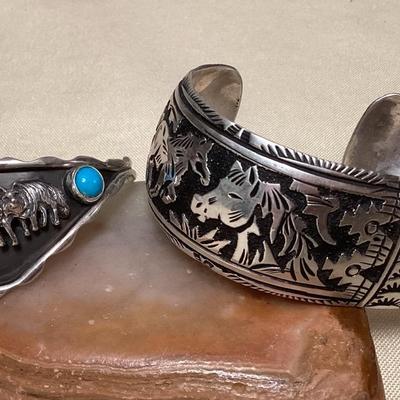 NSJ447 Two Navajo Sterling Silver & Turquoise Horse & Wolf Cuff Bracelets New