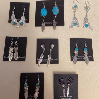 NSJ393 Eight Pairs Of Navajo Sterling Turquoise, Lapis Lazuli, Opal & Purple Spiny Oyster Earrings N