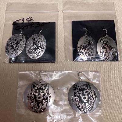 NSJ344 Three Pairs Of Navajo Sterling Wolf & Horse Earrings New