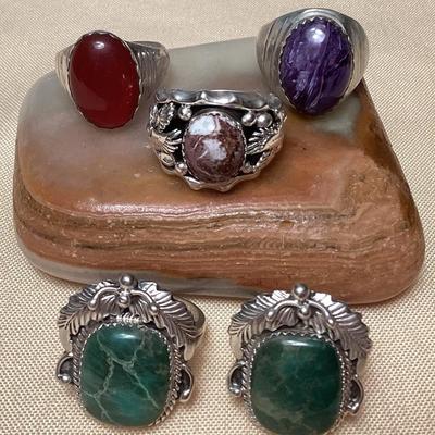 NSJ327 Five Navajo Sterling Turquoise, Carnelian, Purple Stone & Wild Horse Turquoise Rings Size 10 