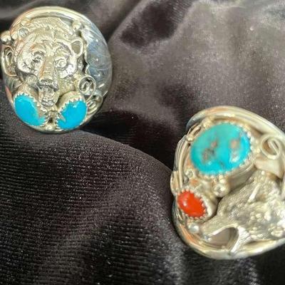 NSJ212 - Two Mens Navajo Sterling Silver Turquoise Rings Sz 14.75-15