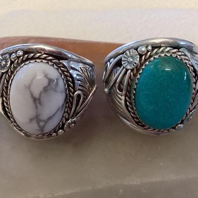 NSJ058 Navajo White Buffalo Turquoise & Turquoise Sterling Silver Rings Size 12.5