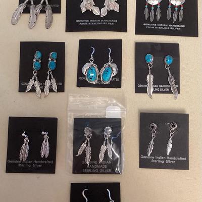 NSJ388 Ten Pairs Of Navajo Sterling Turquoise, Coral, Opal, & Onyx Earrings New