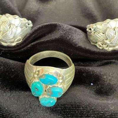 NSJ171 - Three Men’s Navajo Sterling Silver Eagle & Turquoise Rings Sz 13.5
