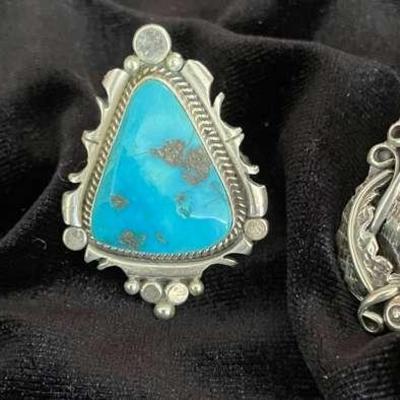 NSJ268 - Three Navajo Sterling Silver Rings With Turquoise Sz 9-10