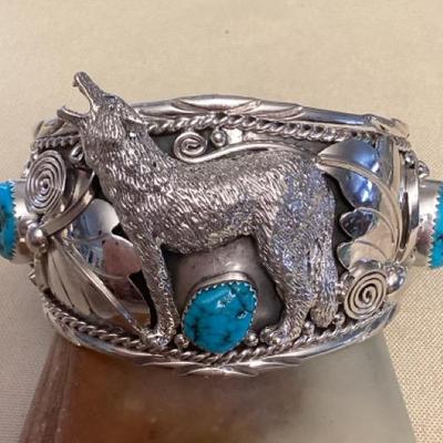 NSJ421 Large Navajo Sterling Silver & Turquoise Wolf Cuff Bracelet New