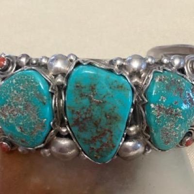 NSJ412 Large Navajo Sterling Silver Turquoise & Coral Floral Cuff Bracelet New