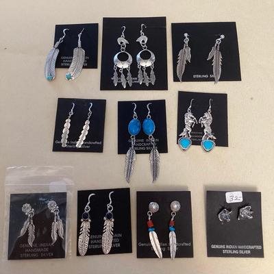 NSJ387 Ten Pairs Of Navajo Sterling Turquoise, Coral & Lapis Lazuli Earrings New