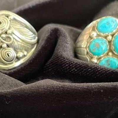 NSJ173 - Four Men’s Navajo Sterling Silver Eagle, Feather, & Turquoise Rings Sz 14