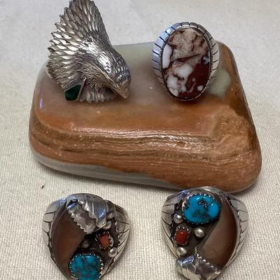 NSJ305 Four Navajo Sterling Wild Horse Turquoise, Malachite, Turquoise & Coral Rings Size 11 New