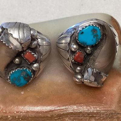 NSJ298 Two Navajo Sterling Silver Turquoise , Coral & Bone? Rings Size 12 New
