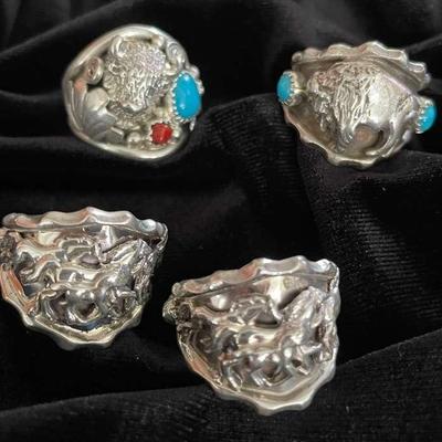 NSJ219 - Four Mens Navajo Sterling Silver Rings Sz 10.25-10.5