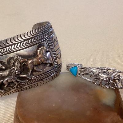 NSJ481 Two Navajo Sterling Silver & Turquoise Running Horse Cuff Bracelets New