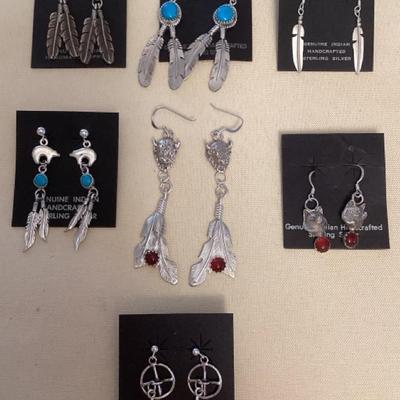 NSJ389 Seven Pairs Of Navajo Sterling Turquoise & Garnet Earrings New